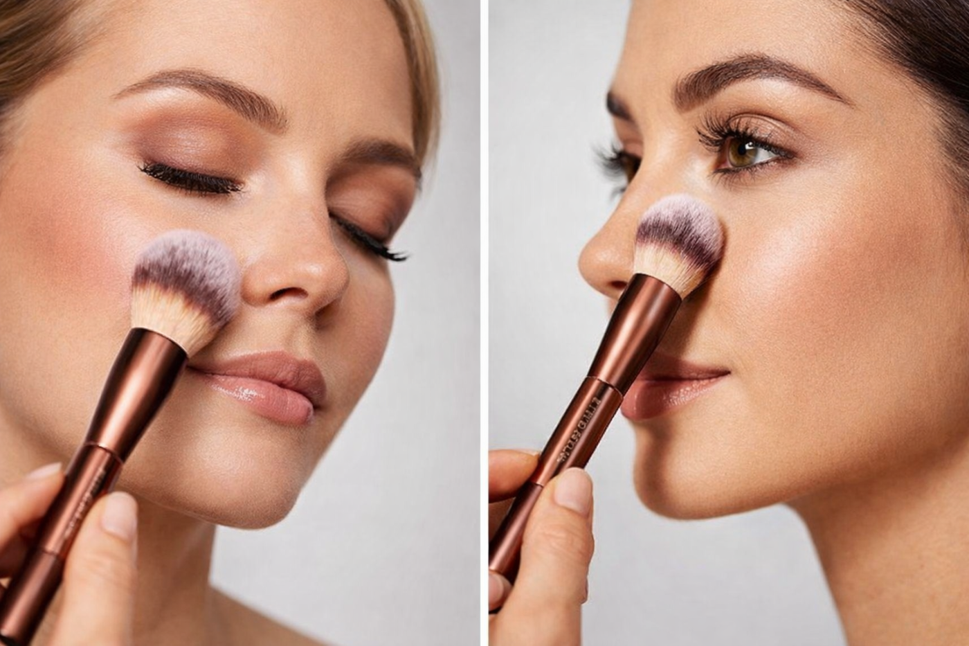 Two women applying makeup with brushes to their faces.